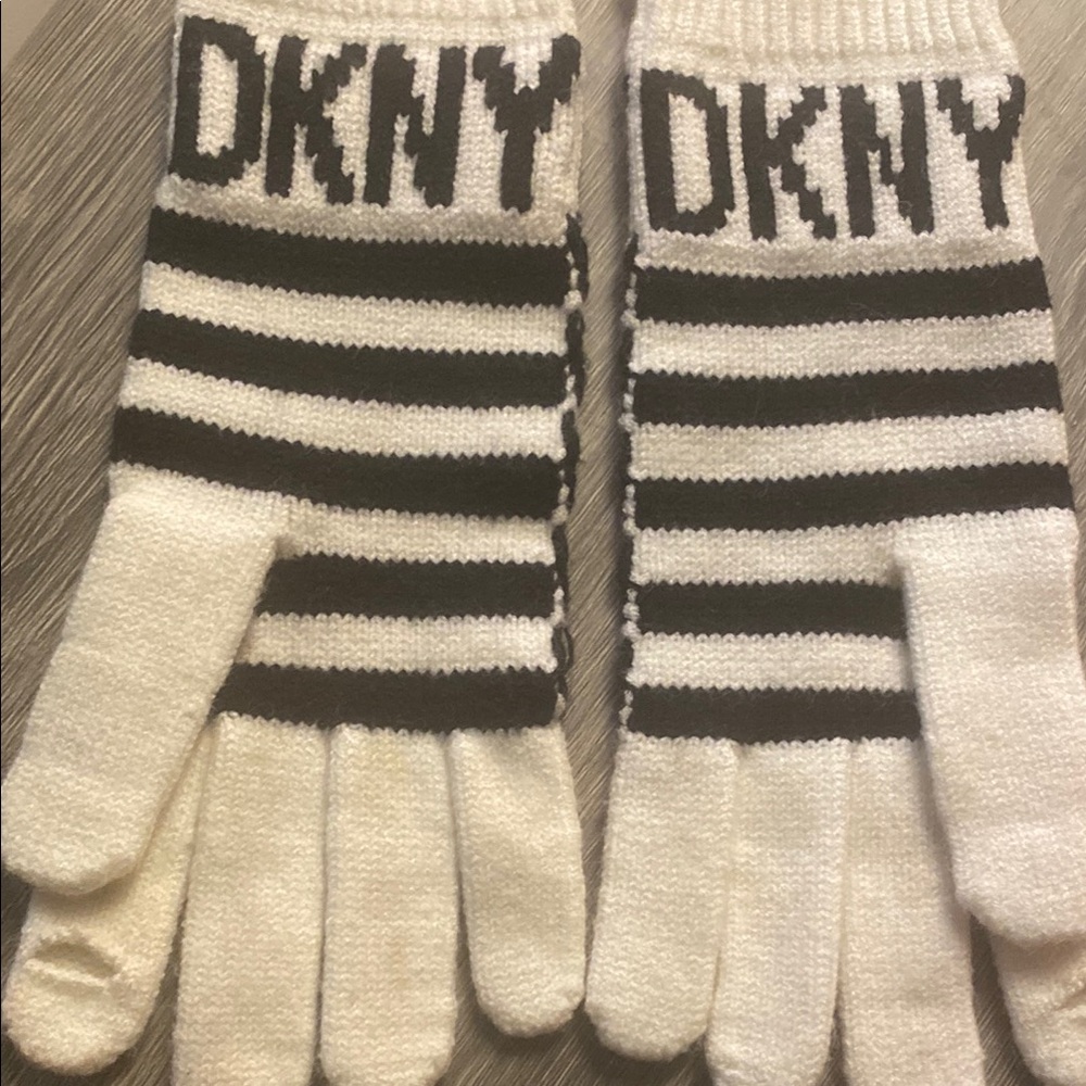DKNY Black and White Striped Gloves
